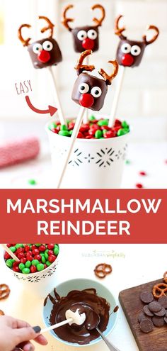 chocolate reindeer marshmallows on sticks in a bowl with pretzels and candy