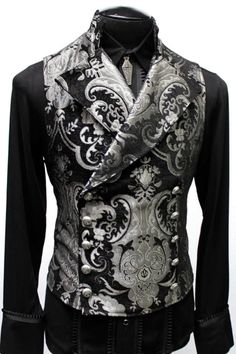 Aristocrat Vest, Black Tapestry, Fitted Vest, Double Breasted Vest, Engraved Metal, Tapestry Fabric, Fashion Suits For Men, Mens Vests, Sleeveless Hoodie