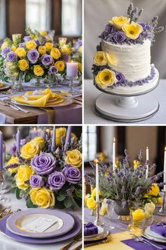 a collage of photos with yellow and purple flowers in the center, lavenders on the table, and white frosted cake