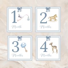 four cards with animals and numbers for each child's birth day, including the number one