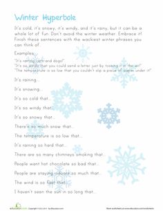 a poem with snowflakes on it that says, winter hyperbole in english