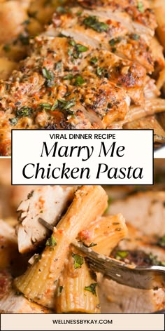 a close up of chicken pasta on a plate with the title text overlay reads mary me chicken pasta