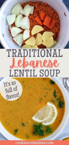 two pictures with the words traditional japanese lentil soup and it's so full of flavor