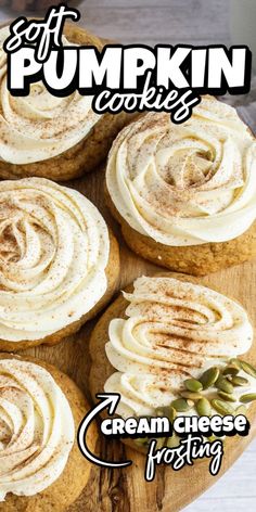 an image of pumpkin cookies with cream cheese frosting on a wooden platter for sale