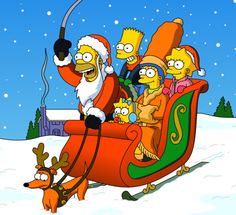 the simpsons characters are riding in a sleigh with santa claus and reindeers