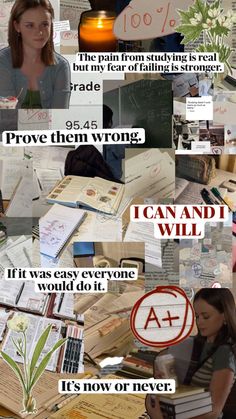 a collage of images with words and pictures on them, including an image of a woman sitting at a desk