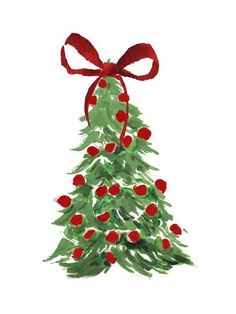 a watercolor drawing of a christmas tree with red berries and a bow on it