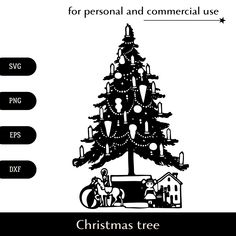 a christmas tree is shown in black and white