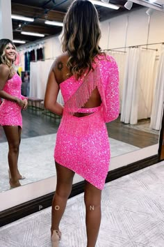 This P5009 dress is perfect for homecoming or graduation. With its one shoulder design, sequin tassel detailing, and short silhouette, it's sure to make a statement. The deep V-shaped neckline completes the timeless look. Tight Homecoming Dress, Long Sleeve Homecoming Dresses, Dress Pictures, Prom Inspo, Short Homecoming Dresses, Cute Homecoming Dresses