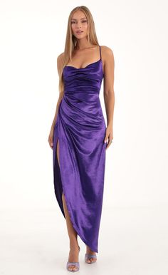 Lovely Velvet Luxe Maxi Dress in Purple | LUCY IN THE SKY Royal Purple Prom Dress, Purple Dress Outfits, Royal Purple Dress, Old Hollywood Dress, Purple Satin Dress, Cowl Neck Maxi Dress, Purple Long Dress, Lavender Prom Dresses, Sorority Recruitment Outfits