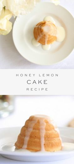 a cake on a white plate with honey lemon glaze and flowers in the background