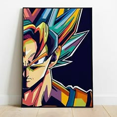 a painting of the character gohan on a wall next to a wooden floor and white walls