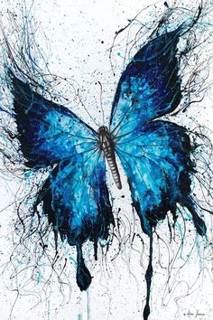 a painting of a blue butterfly with black streaks on it's wings and body