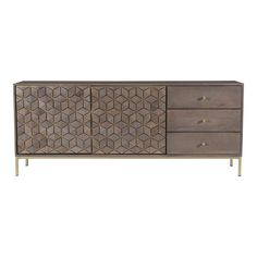 the sideboard is made out of wood and has geometric designs on it, as well as brass legs