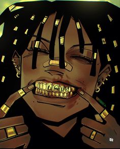 a drawing of a woman with braces on her teeth and gold strips around her mouth