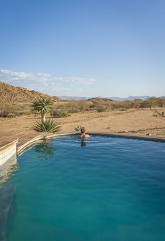 a person in a swimming pool surrounded by desert