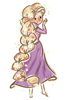 a drawing of a girl in a dress with long hair and flowers on her head