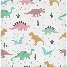 an image of dinosaurs and plants on a white background with pink, green, blue, and yellow colors