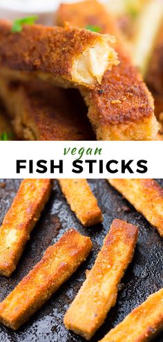 fish sticks on a plate with sauce and parsley in the background text reads vegan fish sticks