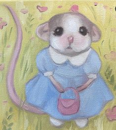 a painting of a little mouse in a blue dress holding a pink watering can and wearing a pink hat