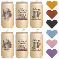 four different colored mason jars with books on them and hearts in the middle, one has a