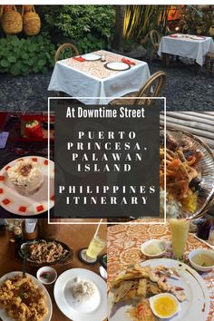 a table topped with plates of food next to a sign that says at downtime street