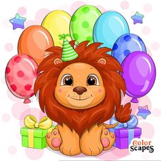 a cartoon lion with balloons, presents and a birthday hat is sitting in front of a pile of gifts