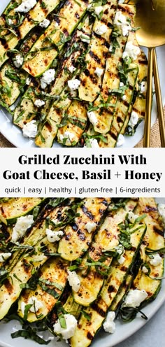 grilled zucchini with goat cheese, basil and honey on a white plate