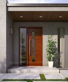 the front entrance to a modern house with wooden doors