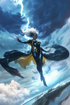 a woman flying through the air while wearing a yellow and black outfit with lightning in the background