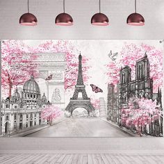 a wall mural with pink flowers and the eiffel tower in paris, france