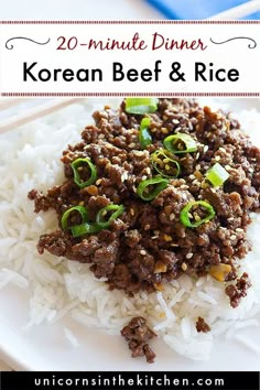 an easy ground beef recipe with rice and green onions on a white plate, ready to be eaten