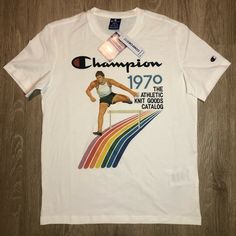 Nwt Vintage Champion Cover Print 1970’s Track T-Shirt Men Size Small Great Condition! Unworn! Retro White T-shirt With Vintage Print, Champion T Shirt, Baseball Graphic Tees, Running Apparel, Tech T Shirts, Tiger T Shirt, Yellow T Shirt, Vintage Champion, Running Shirts