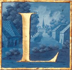 a blue and gold tile with the letter l painted on it's front side