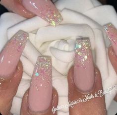 Classy Wedding Nails Design, Glitter Tip Nails Acrylic, Iridescent Nails Coffin, Pink Snd White Acrylic Nails, Iridescent Nails Glitter, Pretty Pink Nails Glitter, Nails For Anniversary, Pink And Sparkle Nails, Baby Pink Glitter Nails