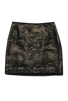 Current Boutique-Elie Tahari - Gold & Black Lace Skirt Sz 4 Chic Lace Party Skirt, Elegant Lace Mini Skirt With Lining, Gold Mini Skirt For Evening, Elegant Metallic Mini Skirt For Evening, Fitted Metallic Holiday Skirt, Lace Party Skirt With Lining, Lace Lined Skirt For Party, Elegant Gold Mini Skirt, Chic Metallic Mini Skirt For Evening