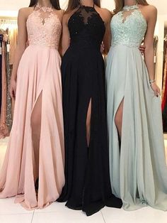 A-Line/Princess Halter Applique Sleeveless Ruched Sweep/Brush Train Chiffon Dresses Bridesmaid Dresses Lace Top, Bridesmaid Dresses Lace, Cheap Long Bridesmaid Dresses, Chiffon Formal Dress, Bridesmaid Dresses 2018, Split Prom Dresses, Halter Bridesmaid Dress, Halter Prom Dresses, Graduation Dresses