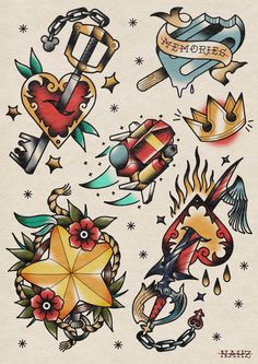 an old school tattoo design with different designs