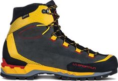 the la sportiva hiking boot is shown in yellow and grey colors with red accents