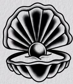 a black and white drawing of a shell with a ball in it's center