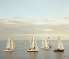 several sailboats in the ocean on a cloudy day