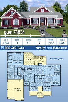 the floor plan for a two story house with an attached garage and living room, along with