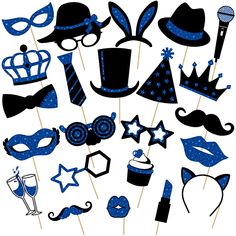 blue and black photo booth props for a masqueradee themed birthday or baby shower