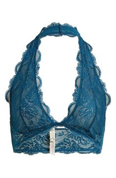 This sultry lace bra is designed in a halter silhouette with sweet scallop trim. Halter neck Partially lined 90% nylon, 10% spandex Hand wash, line dry Imported Fitted Lace Trim Halter Top, Stretch Lace Halter Top With Halter Neck, Party Bra With Contrast Lace And Fitted Stretch, Party Bra With Contrast Lace And Fitted Design, Party Bra With Contrast Lace, Fitted Sleeveless Lace Bra, Delicate Lace Fitted Sleeveless Bra, Elegant Bra-friendly Halter Neck Intimate, Fitted Delicate Lace Bra