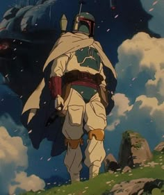 a man in a space suit standing on top of a hill