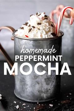 homemade peppermint mocha in a metal cup with candy cane