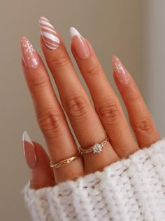 white French tips with stripes and snowflake December Nails, Winter Nails Acrylic, Christmas Gel Nails, Her Nails, Christmas Nails Acrylic, Xmas Nails, Short Acrylic Nails, Best Acrylic Nails, Cute Acrylic Nails