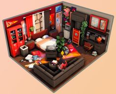 Sims 4 Sporty Bedroom, Ts4 University, 100 Baby Challenge Sims 4 House, Sims 100 Baby Challenge, Sims 4 Boys Room, Football Themed Room, Red Dorm, Sims 3 Sims, Ts4 Lots