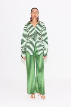 Loch Striped Poplin Button Up in Gummy Green/Ecru – Simon Miller