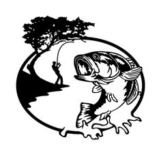 a black and white drawing of a fish with a tree in the background